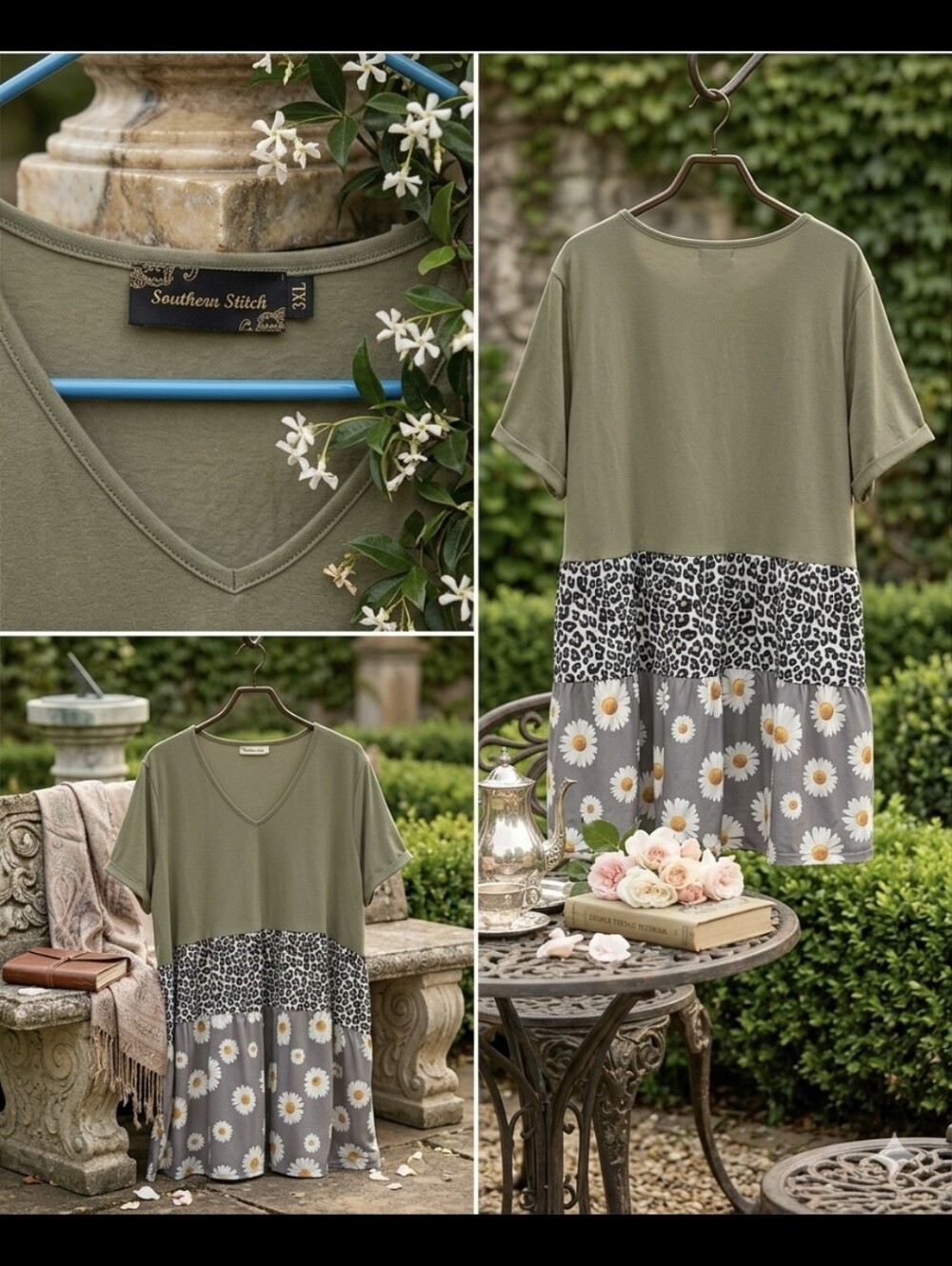 Olive Green V-Neck Mixed-Print Women's Top